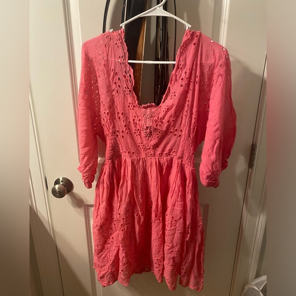 FREE PEOPLE Bubblegum Pink Eyelet Long Sleeve Cotton Mini Dress Medium - Picture 3 of 7